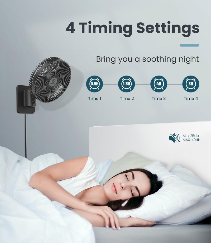 LEMOISTAR 8 Inch Small Wall Mounted RV Fan with Remote Control, 90° Oscillating, 4 Speeds, 4 Timer, Adjustable Tilt, 70 Inch Cord, Quiet, for Corner Bedroom Home Office Garage - Image 5